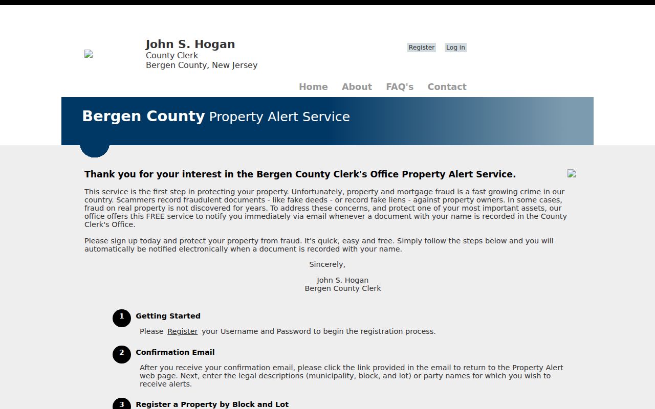 Cliffside Park residents directory Bergen Property Alert registration screen