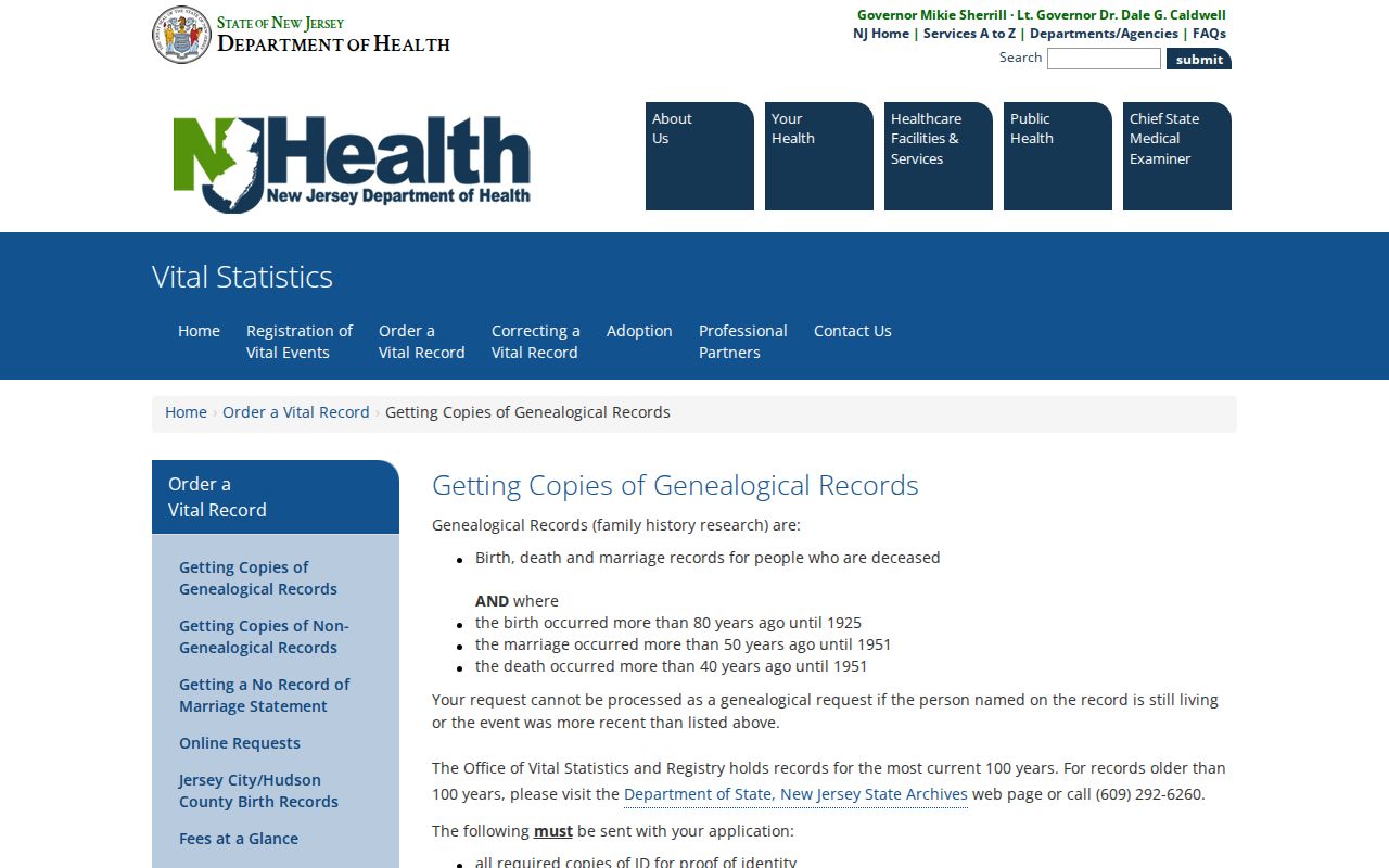 Cliffside Park resident lookup New Jersey genealogical vital-record instructions