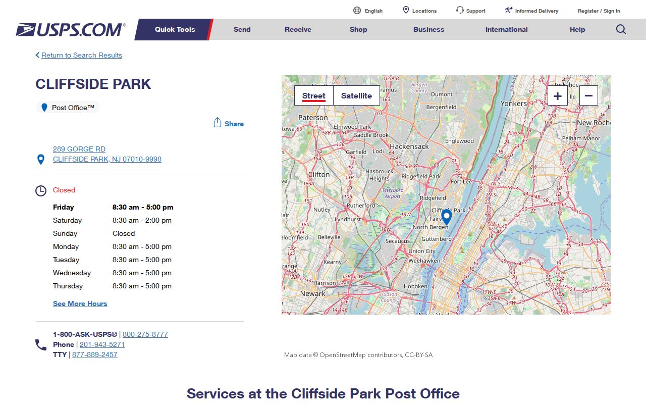Cliffside Park ZIP directory USPS post office result for 07010